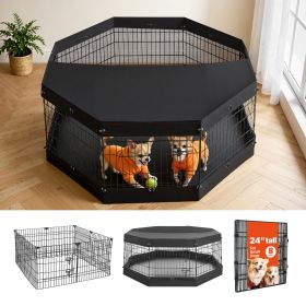 Dog Playpen 24 Inch 8 Panels Exercise Pen with Top Cover & Bottom Pad, Indoor Foldable Metal Pet Fence with Door
