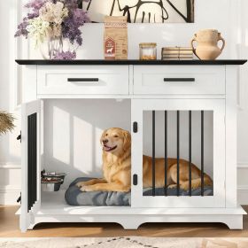 44.48" Large Dog Crate Furniture, Indoor Wooden Dog Kennel End Table with 2 Storage Drawers and Rotating Bowls